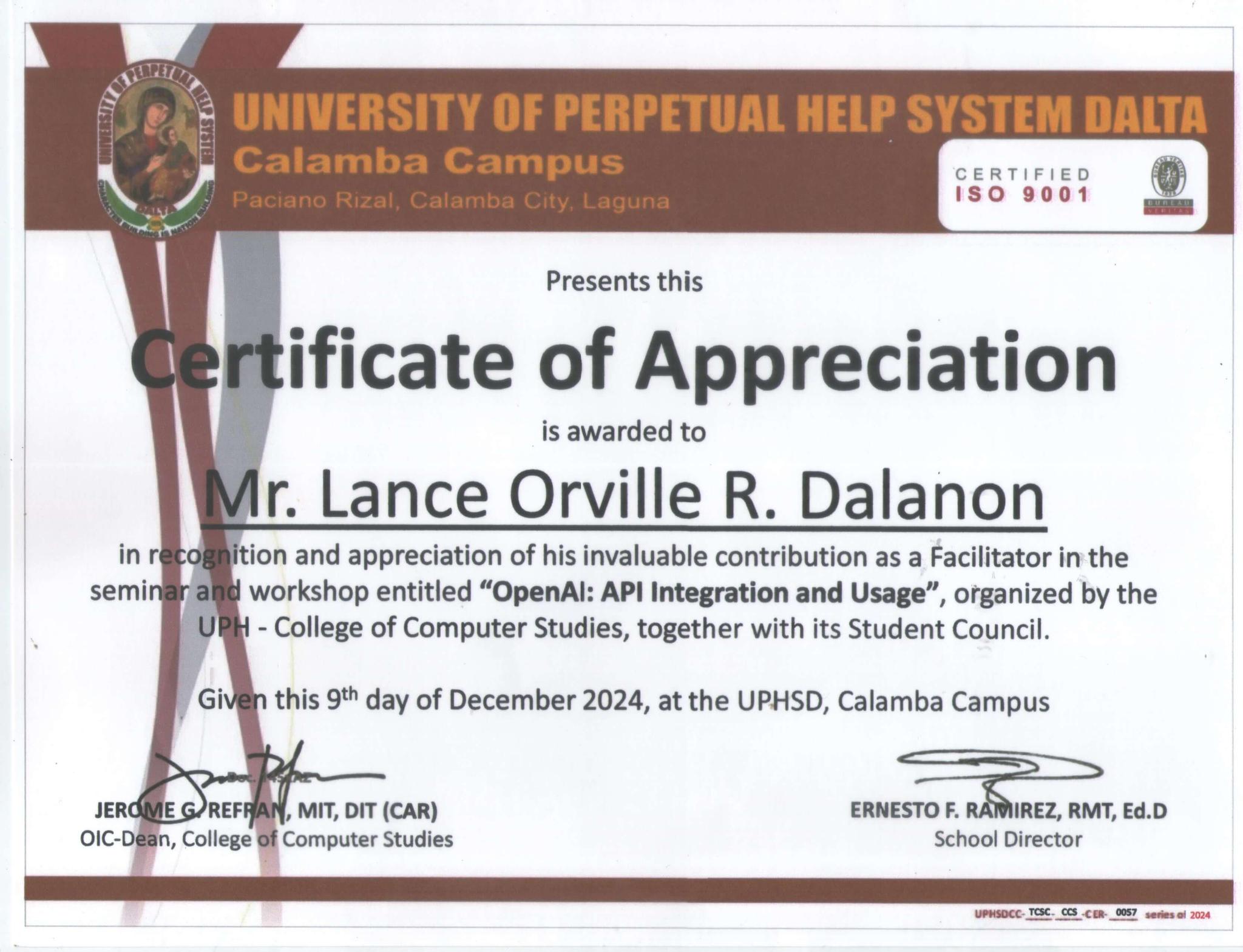 Certificate of Appreciation OpenAI-API Integration and Usage - Issued in December 2024